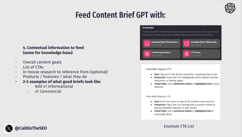 Personalized content brief GPT interface set up for creating structured content briefs with defined fields.