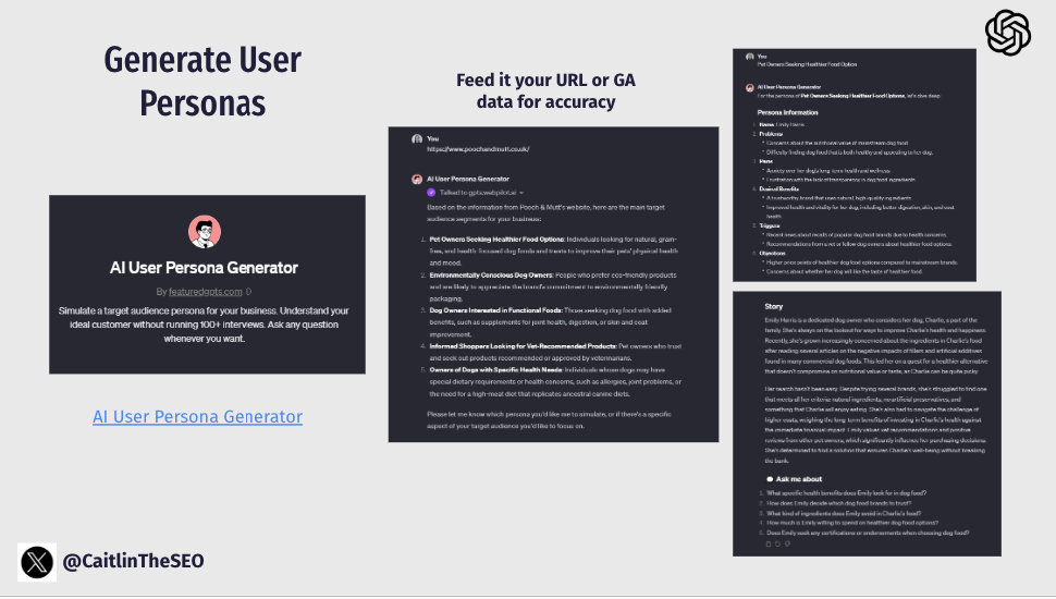 User Persona Generator interface in ChatGPT combining Google Discover insights with audience data.