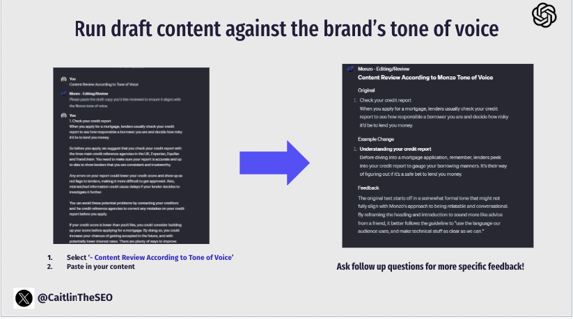 Content Review According to Tone of Voice results highlighting phrases that don't align with Monzo's brand voice guidelines.