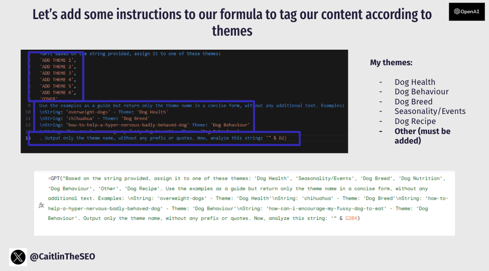 Google Sheets displaying the GPT formula implementation for theme categorization with example syntax.