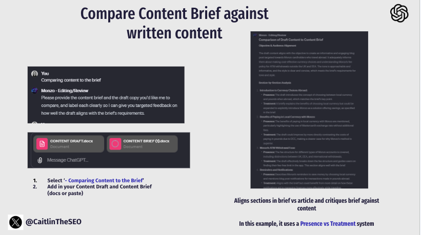 Content comparison against brief results showing where the draft missed mentioning Monzo's savings pot product