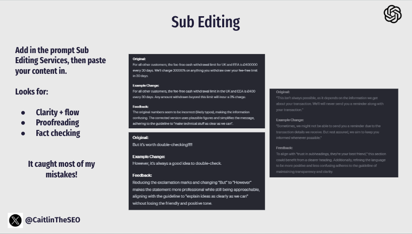 Sub-editing results from editing GPT flagging factual errors, awkward phrasing, and grammar issues in content
